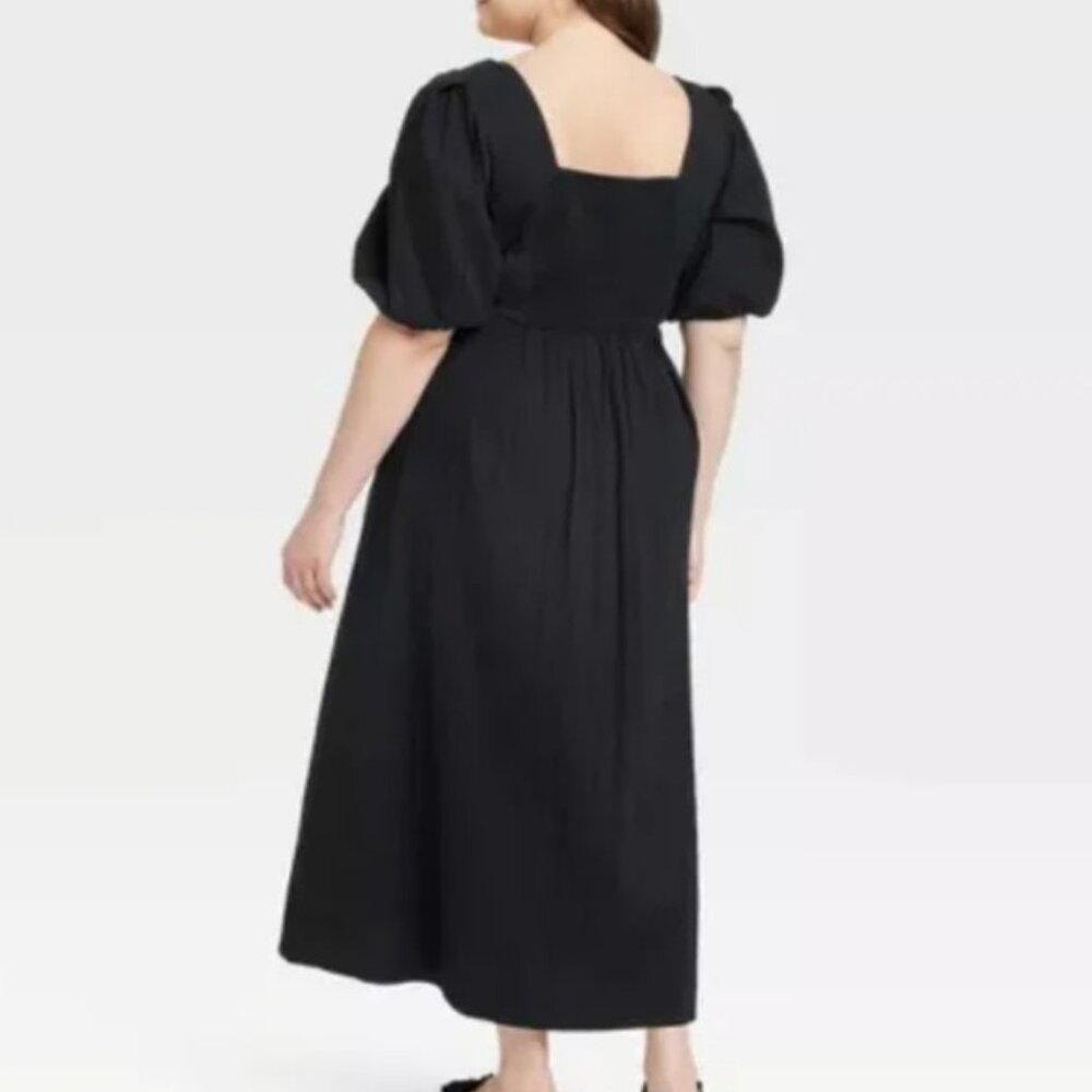 A New Day Black Balloon Sleeve Smocked Seersucker XXL NWT Midi Maxi Dress - Picture 2 of 3